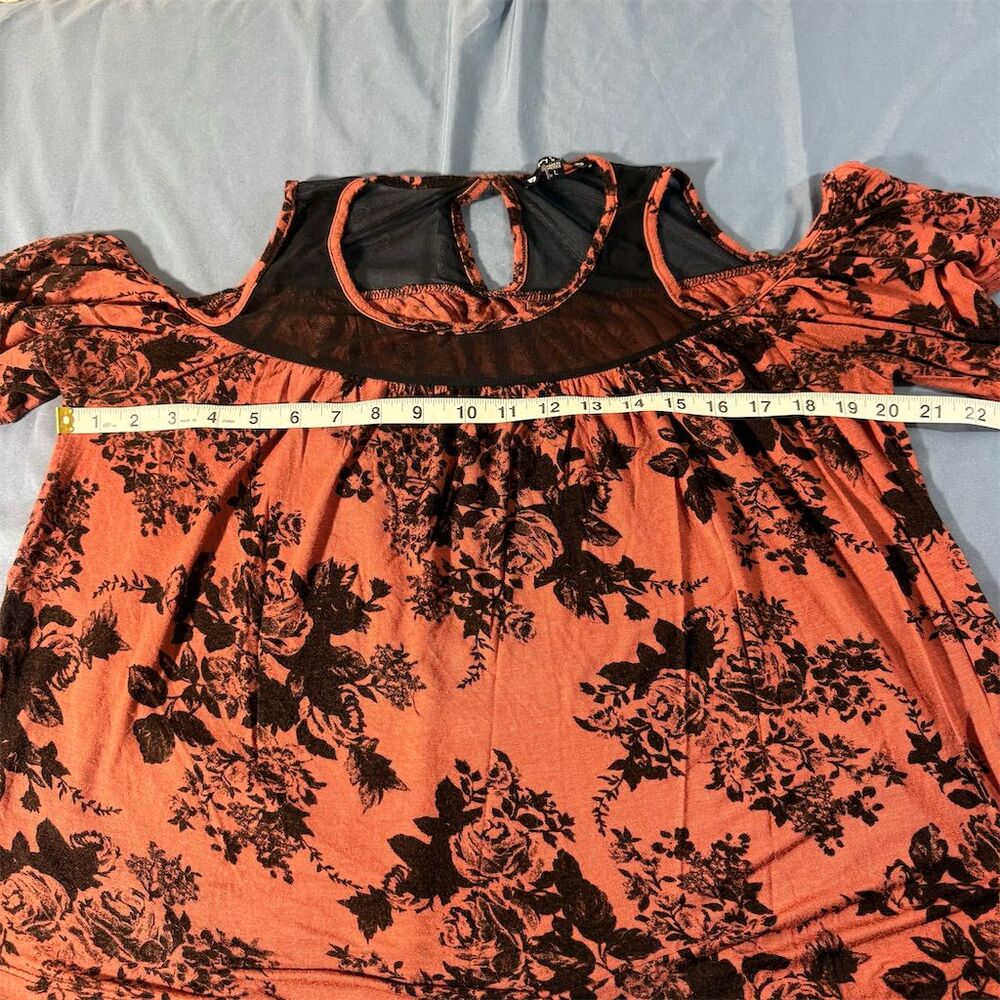Try! This Women Floral Cold Shoulder Mesh Yoke Top Burnt Orange Black Large - Picture 6 of 8